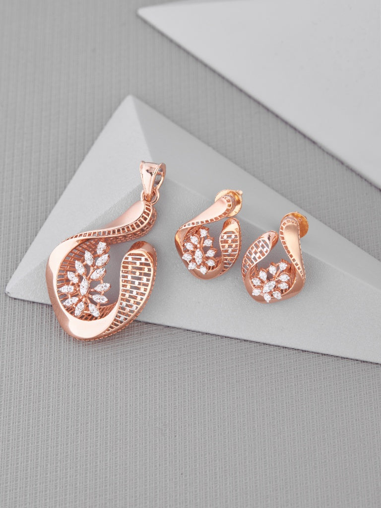 Rose Gold-Toned Cut-Out and Diamond Pendant Set