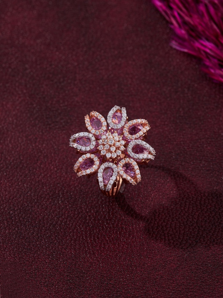 Rose Gold-Toned Floral Cluster Ring with Pink Stones