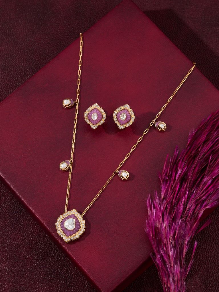 Gold-Toned Polki and Ruby Pendant Set