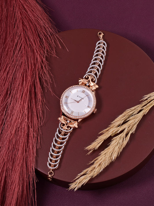 Titan Raga Women’s Rose Gold Analog Watch with Stone-Studded Strap