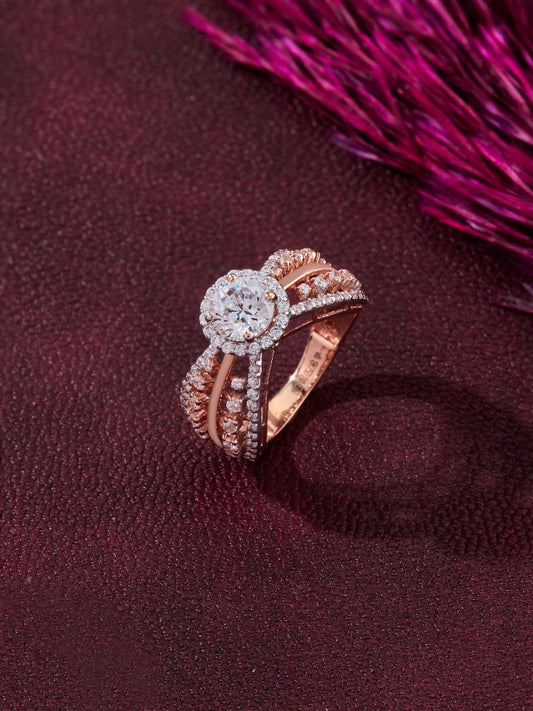 Rose Gold-Toned Pave Diamond and Solitaire Ring