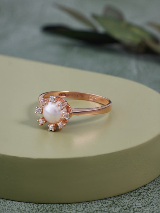 Rose Gold-Toned Pearl and Cubic Zirconia Ring