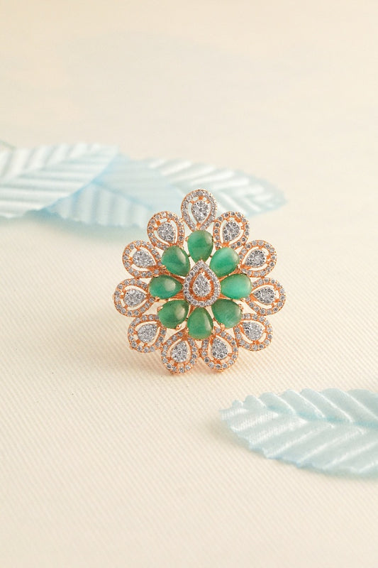 Rose Gold-Toned Floral Ring with Green Stone
