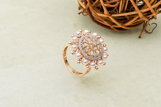 Gold-Toned Ring with Pearl and Diamond Cluster