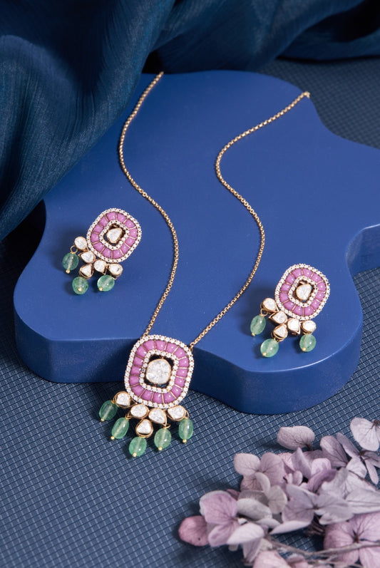 Gold-Toned Polki and Pink Stone Pendant Set