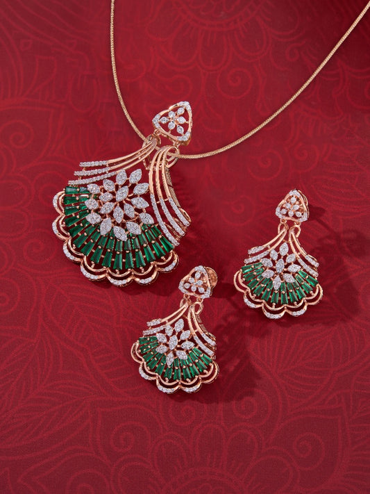 Green Emerald & Diamond Pendant Set
