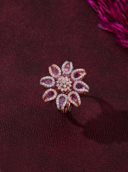 Rose Gold-Toned Floral Cluster Ring with Pink Stones
